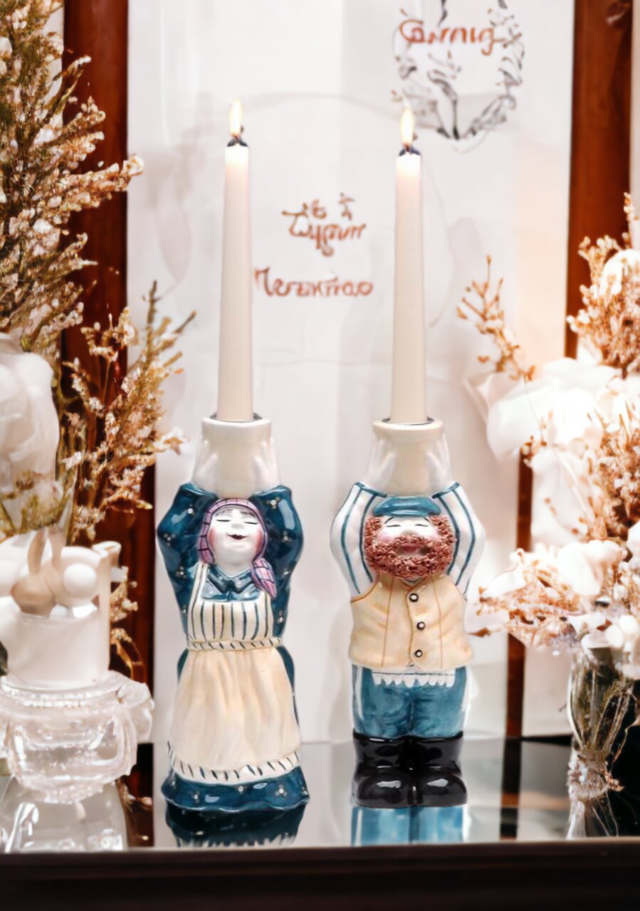 Hanukkah Shabbat "A Blessing On Your Head" Ceramic Judaica Candle Holders, Jewish Decor, Hanukkah Decor, Home Decor